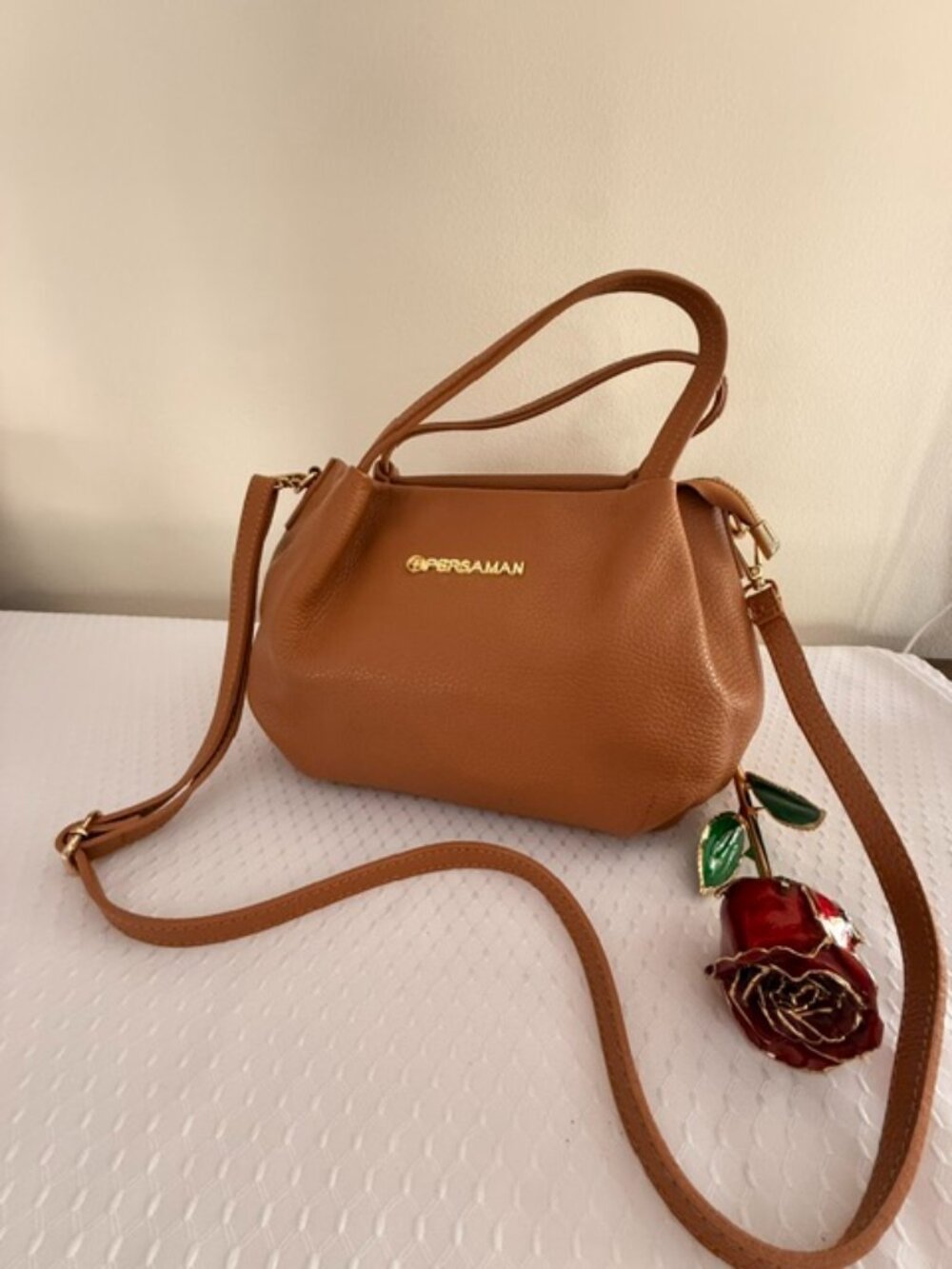 Persaman New York Cognac Italian Leather Satchel Crossbody Bag